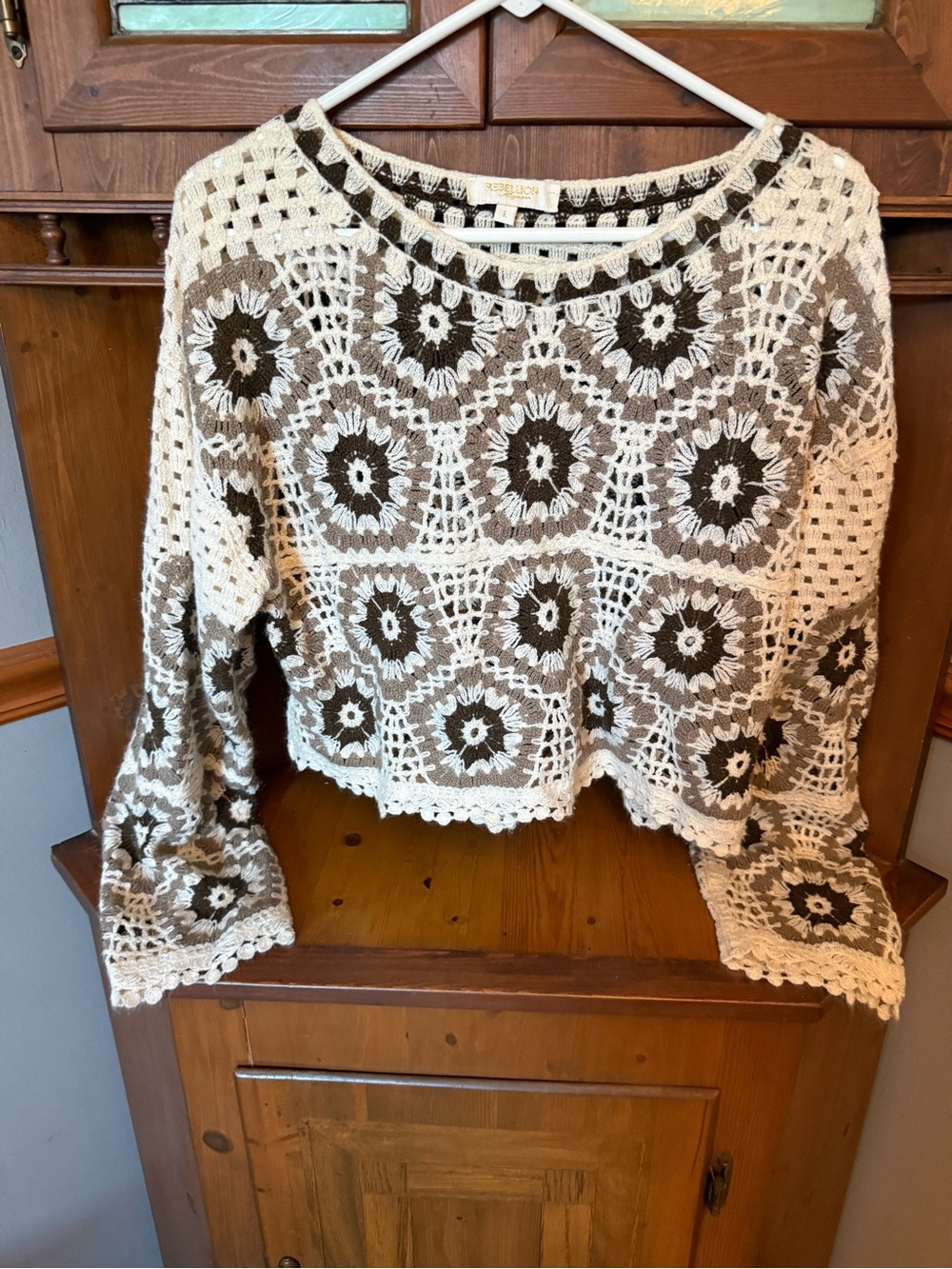 Rebellion Again crocheted sweater is a boho-style, open-knit cropped pullover L - Picture 1 of 10